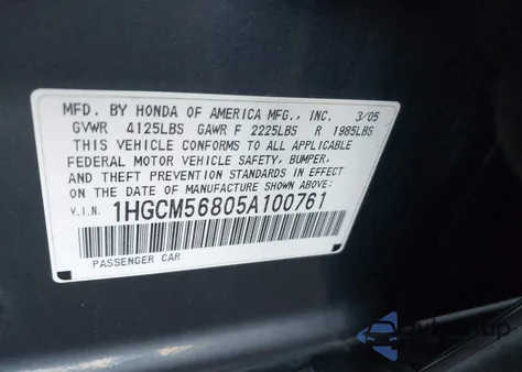 2005 Honda Accord 2.4 Ex z USA, uszkodzony, nr VIN 1HGCM56805A100761